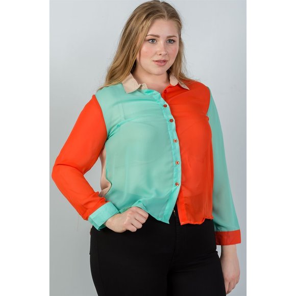 1x-3x Plus Size Semi Sheer Colorblocked  Blouse - Picture 5 of 7